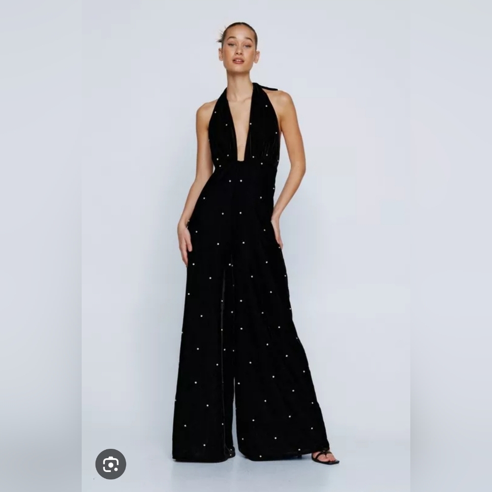 Nasty Gal Velvet Halterneck Jumpsuit Diamante Wide Leg Size 10